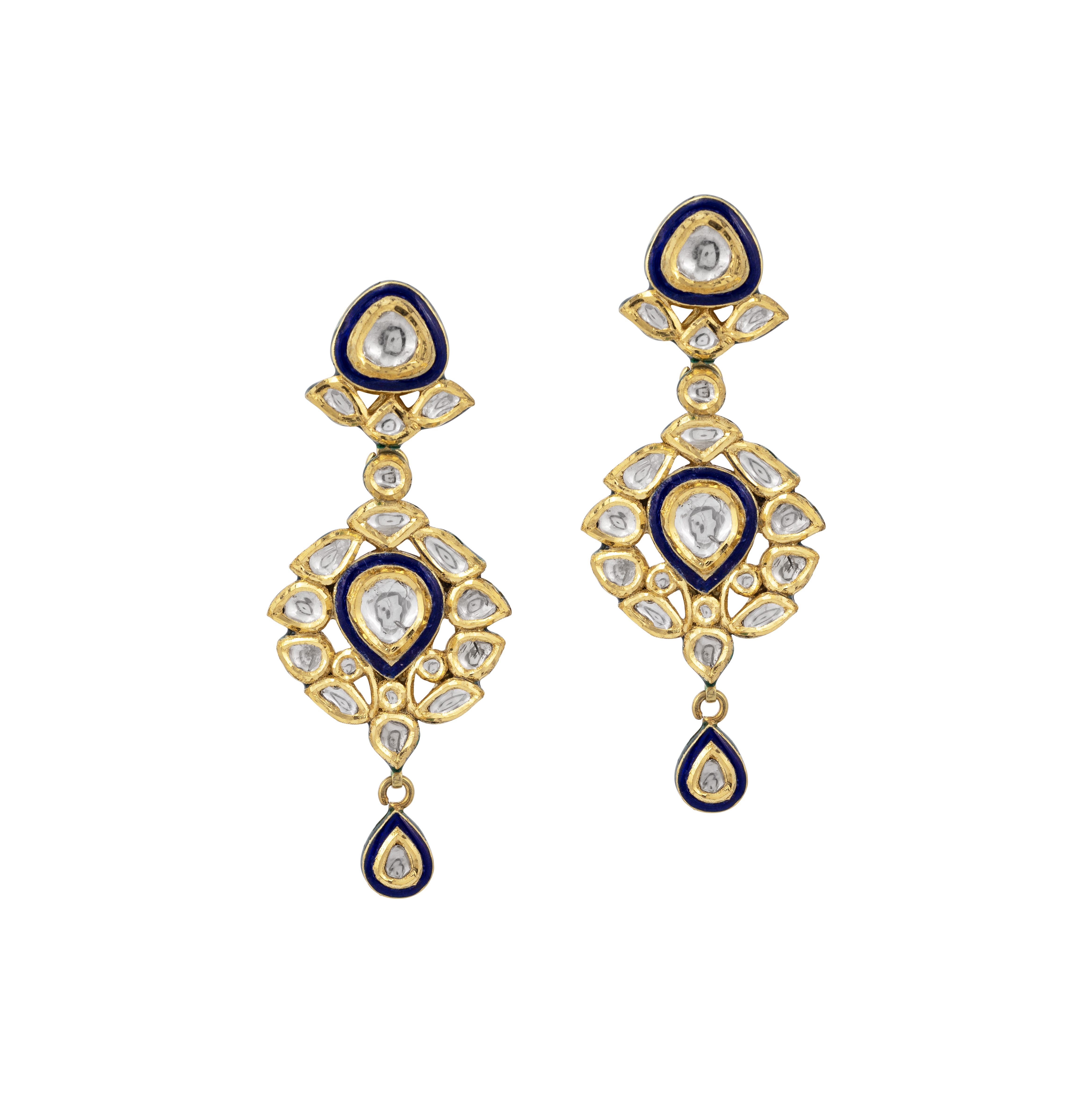 Polki Drop Earrings with Blue Enamel and Teardrop Motifs